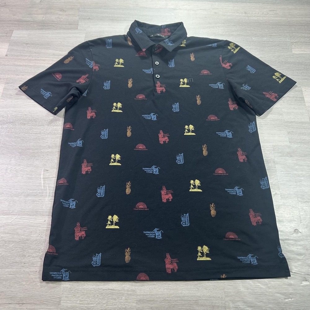 Travis Mathew Polo Shirt Mens Medium Black Tropical Graphic Golf Stretch Top
